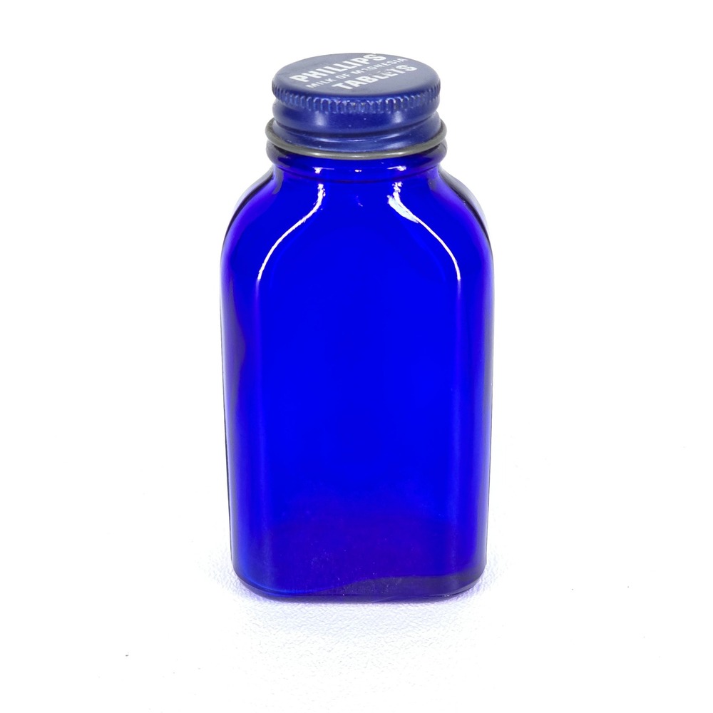 Vintage Phillips Milk of Magnesia Cobalt Blue Glass Bottle and Cap 3.75" Tall